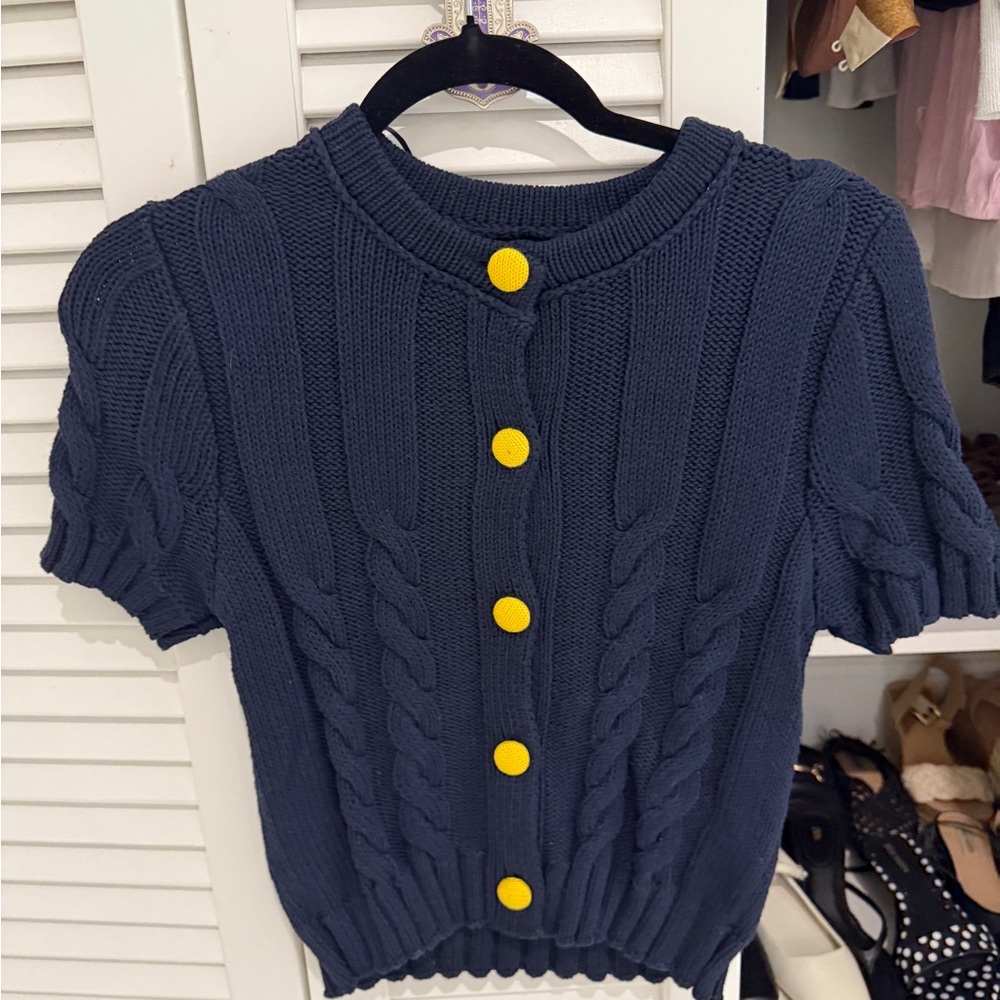 Zara Navy Blue Cable Knit Top with Yellow Buttons